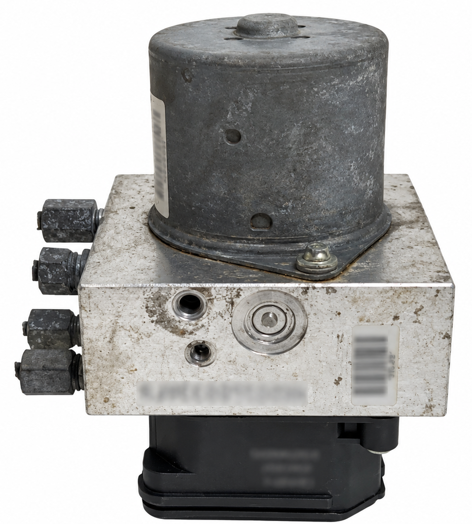 Used OEM 2010 Ford E250 Van ABS Control Module & Pump Assembly | 4-Wheel ABS, Without AdvanceTrac, Excl. Stripped Chassis Side View.