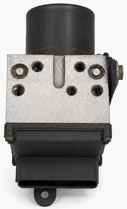 A used automotive hydraulic power steering pump module with a black plastic cylinder, a silver metal block, and a black plastic lower housing with an attached connector, shown on a white background.