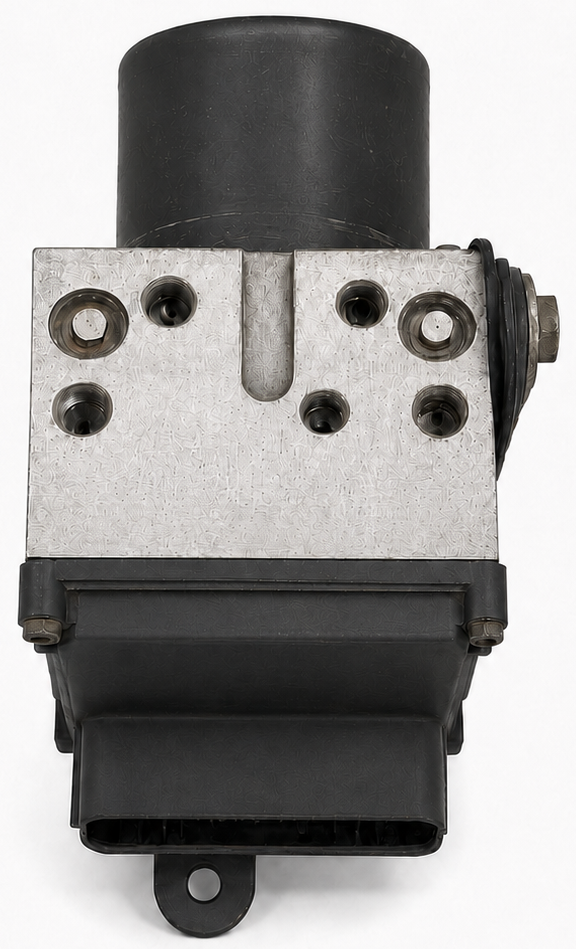 A used automotive hydraulic power steering pump module with a black plastic cylinder, a silver metal block, and a black plastic lower housing with an attached connector, shown on a white background.